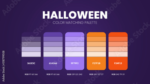 Halloween theme color palettes or color schemes are trends combinations and palette guides this year, a table color shades in RGB or HEX. A color swatch for a spring fashion, home, or interior design