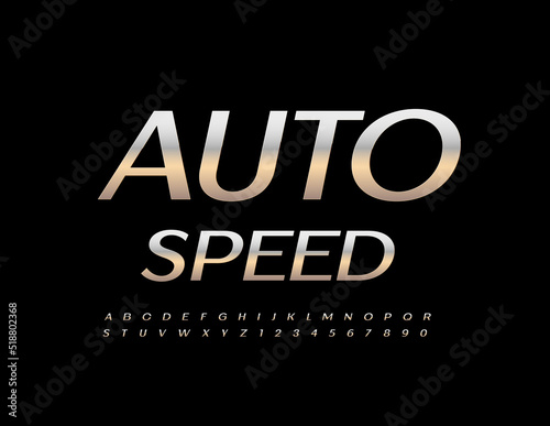 Vector silver Emblem Auto Speed.  Elegant Modern Font. Metallic Alphabet Letters and Numbers