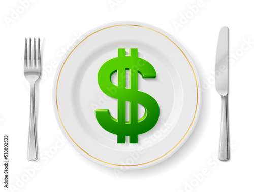 Dollar is on white plate with fork and knife, top view. Dinner plate with dollar sign inside and cutlery set on sides. Vector image for banking, financial industry, economy, forex, currency markets