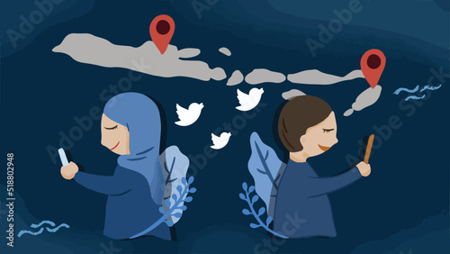 Muslim couple conflicts because longdistance relationship illustration style