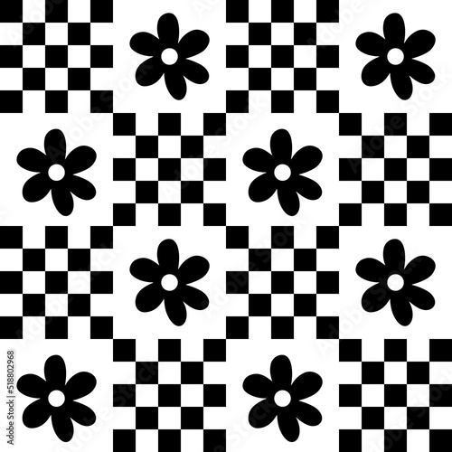 Cute y2k patchwork floral seamless pattern background, black and white monochrome checkerboard and daisy backdrop. Modern, trendy vector design, aesthetic print for textile, wallpaper