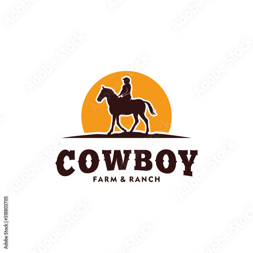 Rodeo retro logo with cowboy horse rider silhouette