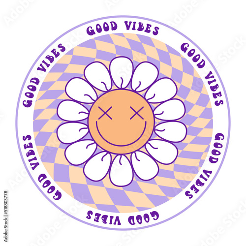Retro groovy daisy with smile flowers sticker and quote good vibes on 70s style with checkered background. Vector doodle illustration. Design for t shirt, card, flyer, banner, pin