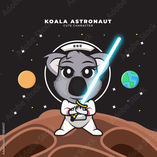 Cute cartoon character of astronaut koala is holding light saber