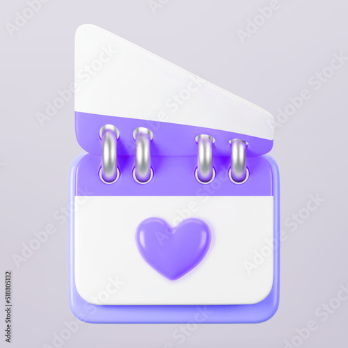 3d purple calendar with heart icon isolated. Render of daily wedding event schedule planner, valentine's day, birthday. Menstrual calendar control women cycle. 3d cartoon simple vector illustration