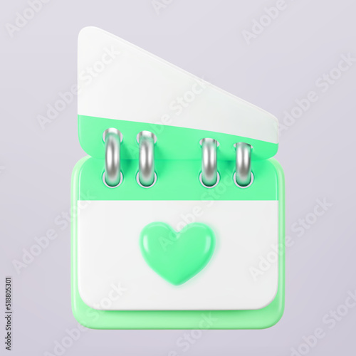 3d green calendar with heart icon isolated. Render of daily wedding event schedule planner, valentine's day, birthday. Menstrual calendar control women cycle. 3d cartoon simple vector illustration