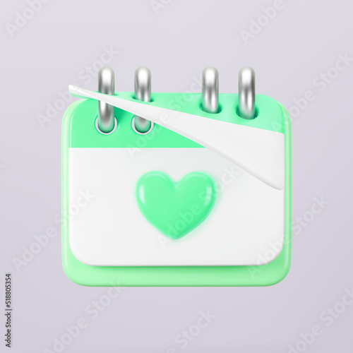 3d green calendar with heart icon isolated. Render of daily wedding event schedule planner, valentine's day, birthday. Menstrual calendar control women cycle. 3d cartoon simple vector illustration