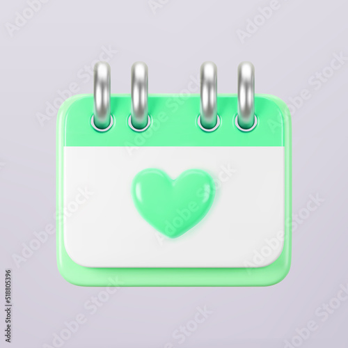 3d green calendar with heart icon isolated. Render of daily wedding event schedule planner, valentine's day, birthday. Menstrual calendar control women cycle. 3d cartoon simple vector illustration
