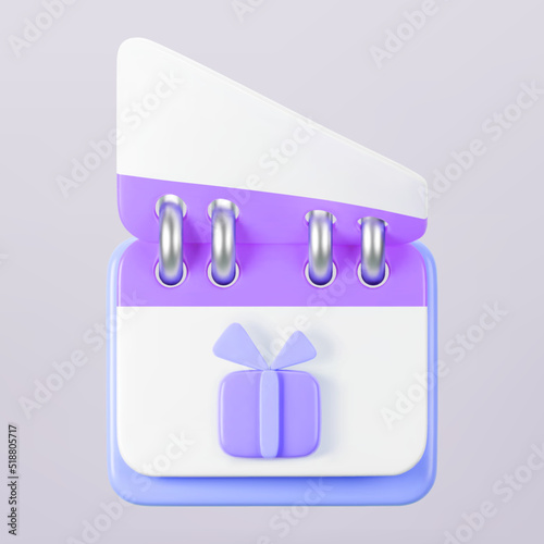 3d purple calendar with gift box icon on gray background. Render of daily birthday event schedule planner, valentine's or wedding day. Boxing day sale concept. 3d cartoon simple vector illustration
