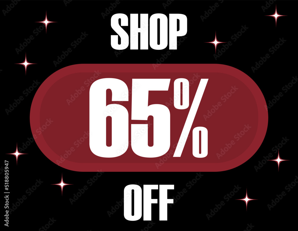 65% Off Shop. Vector 65% discount on black background and glowing effect.