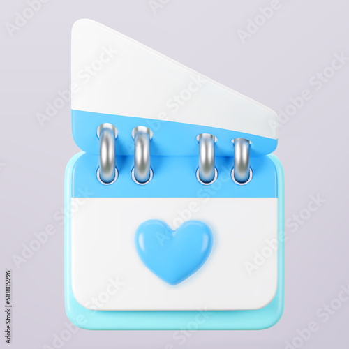 3d blue calendar with heart icon isolated. Render of daily wedding event schedule planner, valentine's day, birthday. Menstrual calendar for control women cycle. 3d cartoon simple vector illustration