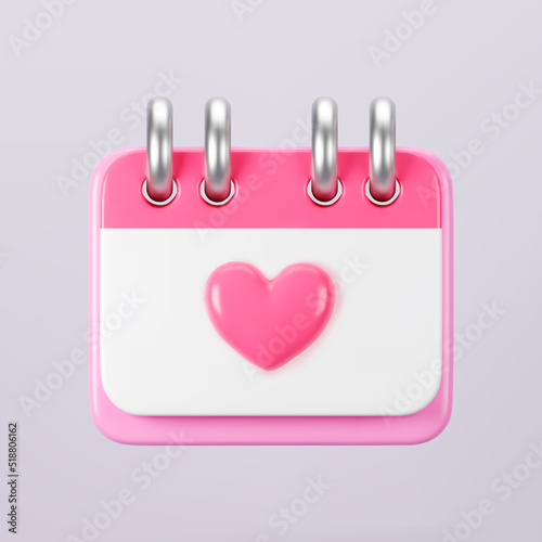 3d pink calendar with heart icon isolated. Render of daily wedding event schedule planner, valentine's day, birthday. Menstrual calendar for control women cycle. 3d cartoon simple vector illustration