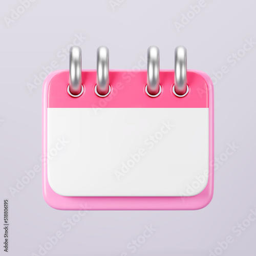 3d pink calendar icon isolated. Render of daily wedding event schedule planner, valentine's day, birthday. Menstrual calendar for control women cycle. 3d cartoon simple vector illustration