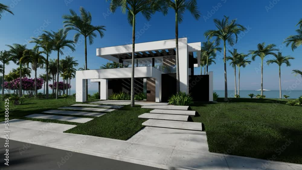 4K video rendering of modern cozy house with pool and parking for sale or rent in luxurious style by the sea or ocean. Sunny day by the coast with palm and flowers in tropical island Fly-walk 4K video rendering of modern cozy house with pool and parking for sale or rent in luxurious style by the sea or ocean. Sunny day by the coast with palm and flowers in tropical island Fly-walk