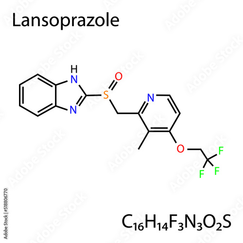 Lansoprazole (PPI) Molecule. Peptic Ulcer Disaese Drug. Skeletal Formula. Vector Illustration.