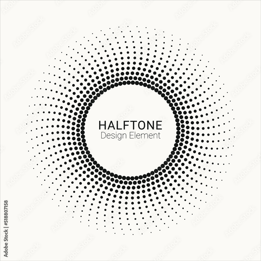 Halftone radial pattern backdrop. Vector dotted retro background. Halftone vector object. Abstract halftone design element.