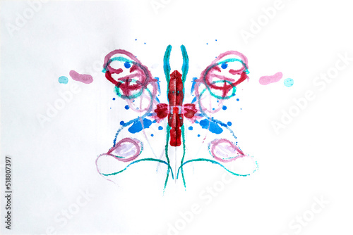 Abstract ink blot test used in psychoanalysis. Colorful symmetric shapes on white background for interpretation. Rorschach test