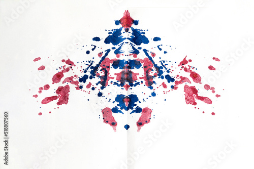 Abstract watercolor ink blot test - Rorschach test used in Psychoanalysis. Colorful symmetric shapes isolated against white background