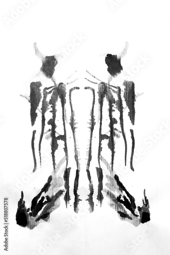 Ink blot test - Rorschach test used in Psychology lab. Imagination and interpretation of abstract shapes isolated against white background
