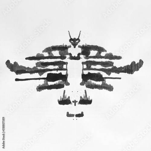 Abstract watercolor ink blot test 
 - Rorschach test used in Psychoanalysis. Symmetric shapes, granulated ink isolated against white background