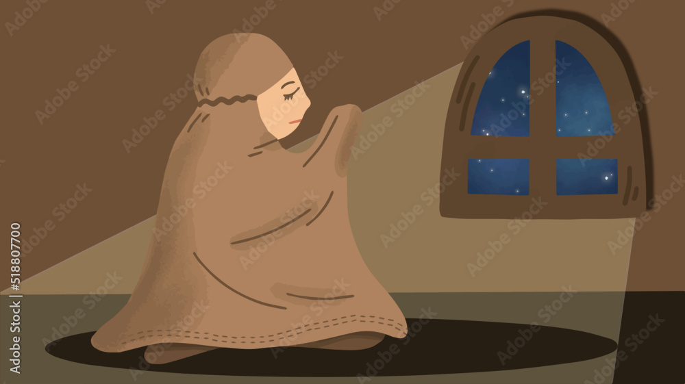Hand drawn cute muslim women praying and salat vector illustration