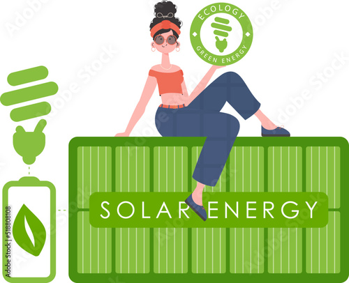 A woman sits on a solar panel and holds the ECO logo in her hands. The concept of ecology and green energy. Isolated on white background. Fashionable, trendy style. Vector.