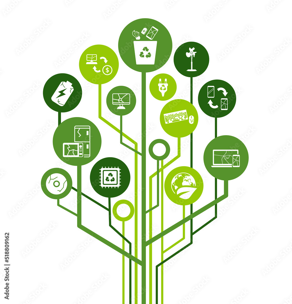 Electronic waste recycling vector illustration. Concept with connected ...