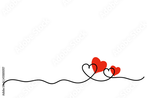 Two red hearts with watercolor spots. Valentine's day. Continuous line drawing. Holiday card, romantic, wedding design elements. Symbol of love.