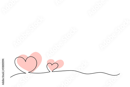 Two pink hearts with watercolor spots. Valentine's day. Continuous line drawing. Holiday card, romantic, wedding design elements. Symbol of love.