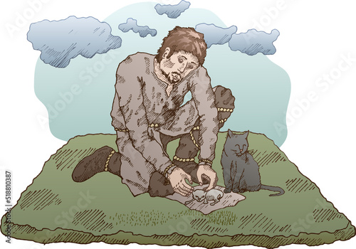Illustration of a sitting medieval farmer. Stroking kittens, cat, animal pets. Ready to use eps10 for your design