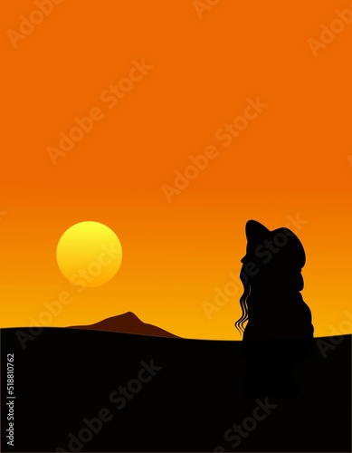 sunset with woman silhouette.outdoor nujer landscape