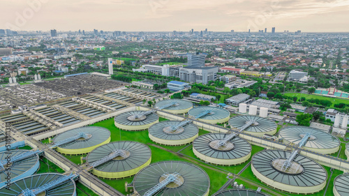 aerial view sewage treatment plant near downtown 