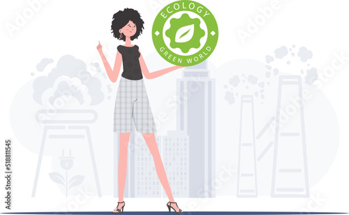 The concept of green energy and ecology. The girl holds the ECO logo in her hands. trendy style. Vector illustration.