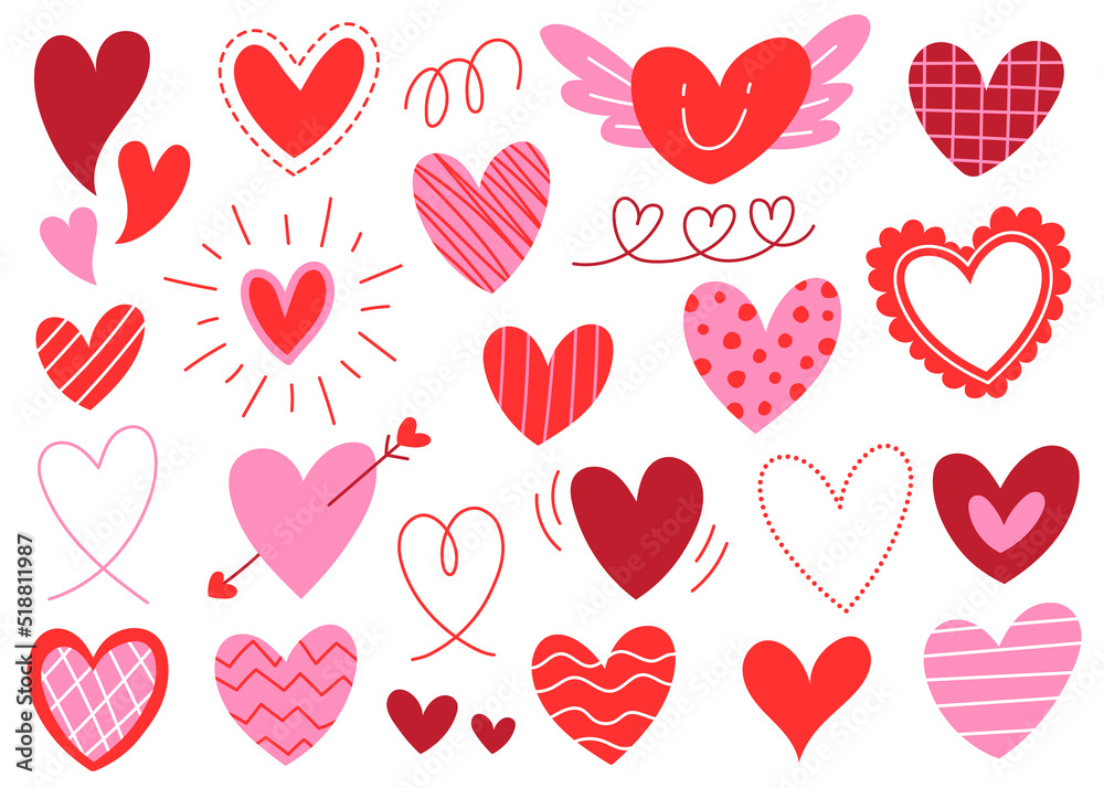 Cute Heart Element Decoration Valentine's Day Love Romantic Red Pink Line Form Doodle Cartoon Hand Drawing Sketch Vector Illustration Pack Set Bundle Collection