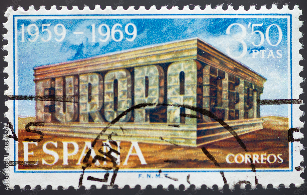 SPAIN - CIRCA 1969: a postage stamp from SPAIN, showing a sylized temple as a symbol of solidarity within Europe. Text in the Temple: Europe CEPT . Circa 1969