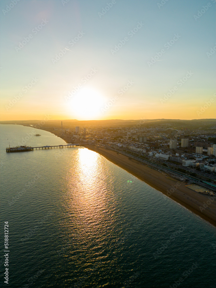 Vertical aerial photo sunset over Brighton Beach UK