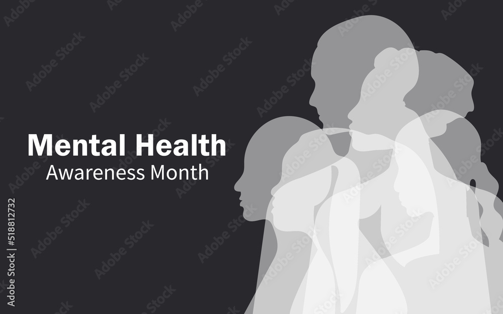 Mental Health Awareness Month. Women of different nationalities and religions together. Horizontal banner on a black background. Vector.