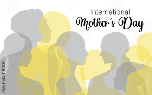 International Mother's Day. Silhouettes of multiethnic women. Horizontal postcard with a white background. Vector.
