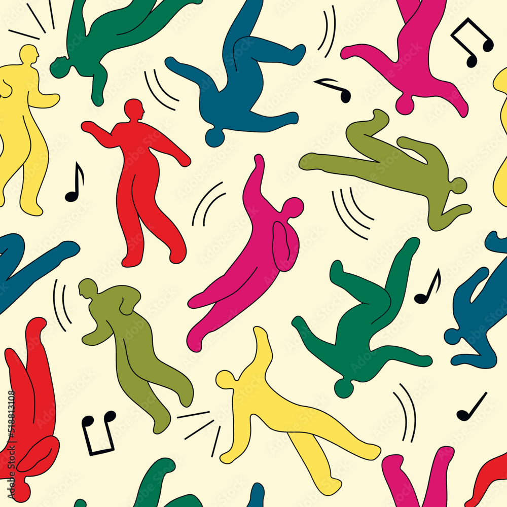 Modern seamless pattern from a set of abstract dancing people. Minimal design of various bright colors of figure silhouettes. Trendy doodle abstract symbols of carnival, party, festival