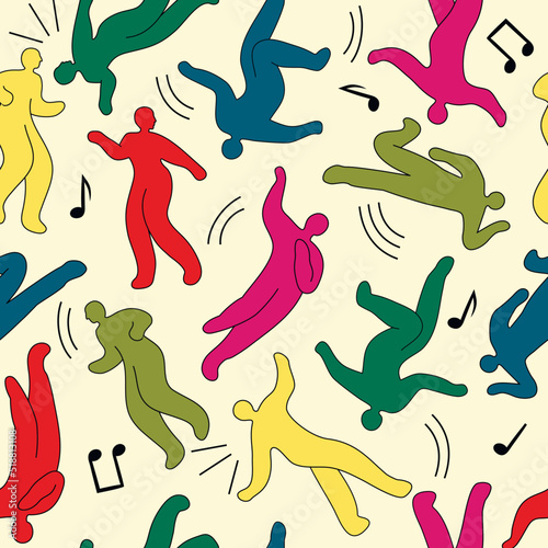 Modern seamless pattern from a set of abstract dancing people. Minimal design of various bright colors of figure silhouettes. Trendy doodle abstract symbols of carnival  party  festival