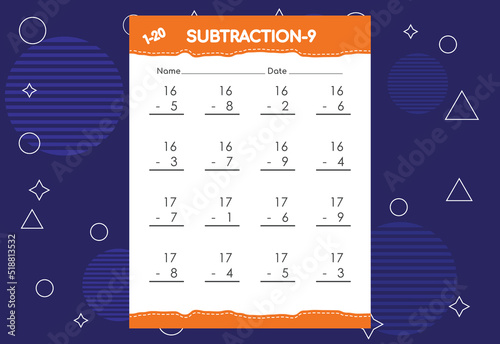 Subtraction worksheet for kids. Educational math activities worksheet for children