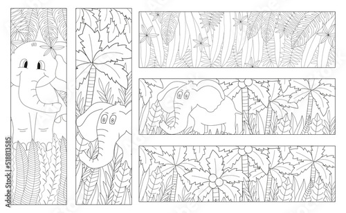 Coloring bookmarks for kids with elephants. Cute animal and palms.