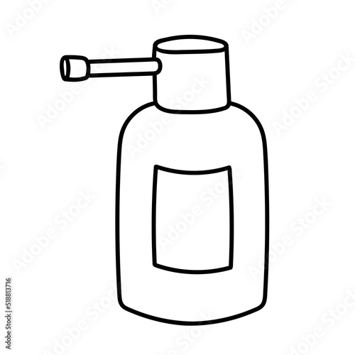 A bottle of medicinal spray. A doodle of medicine for the throat. Black contour drawing, linear medicine icon