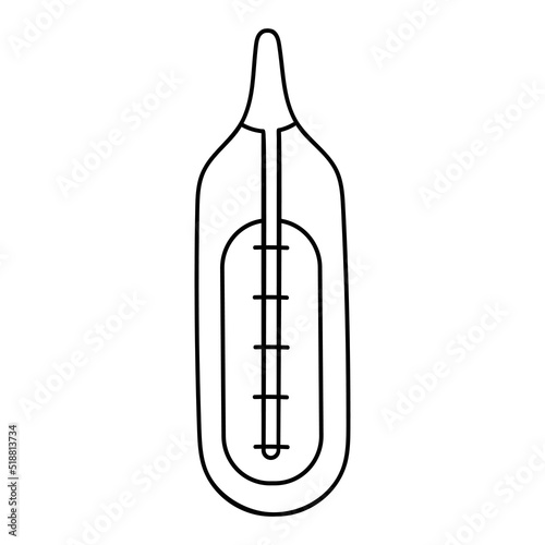 Mercury thermometer Doodle image . Black contour drawing, linear icon of a medical temperature measuring instrument