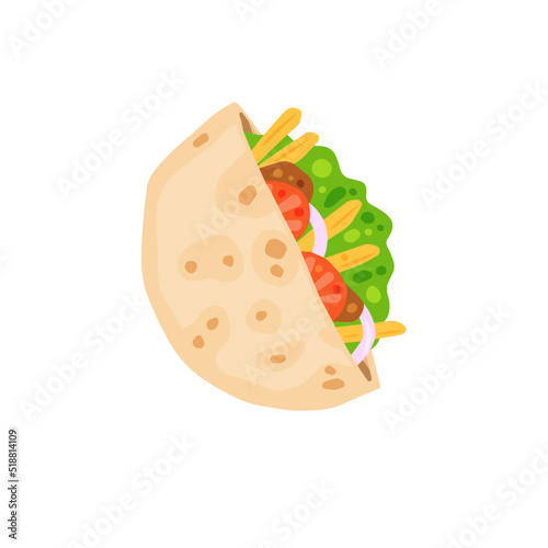 Kebab in pit. Mediterranean Bread with meat and vegetables. Turkish street food. Flat cartoon illustration isolated on white