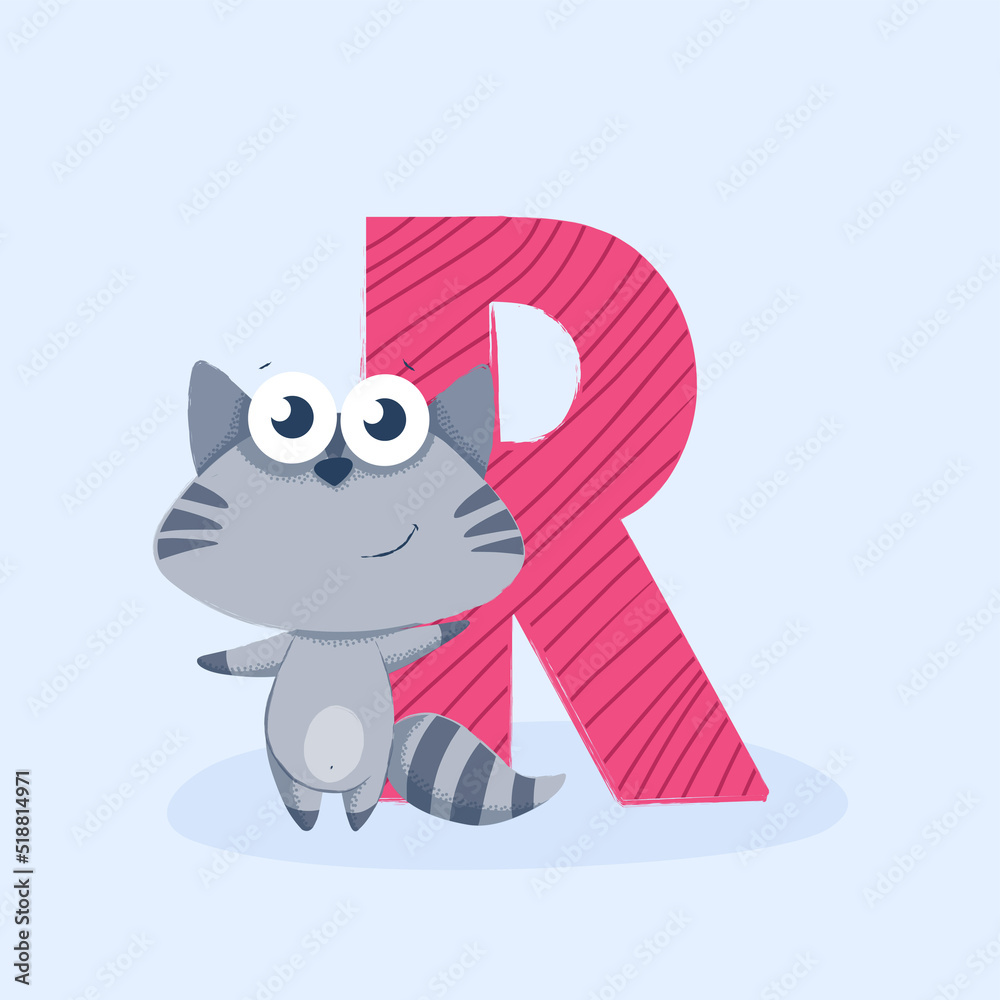 Cartoon letter of the alphabet with animal character raccoon