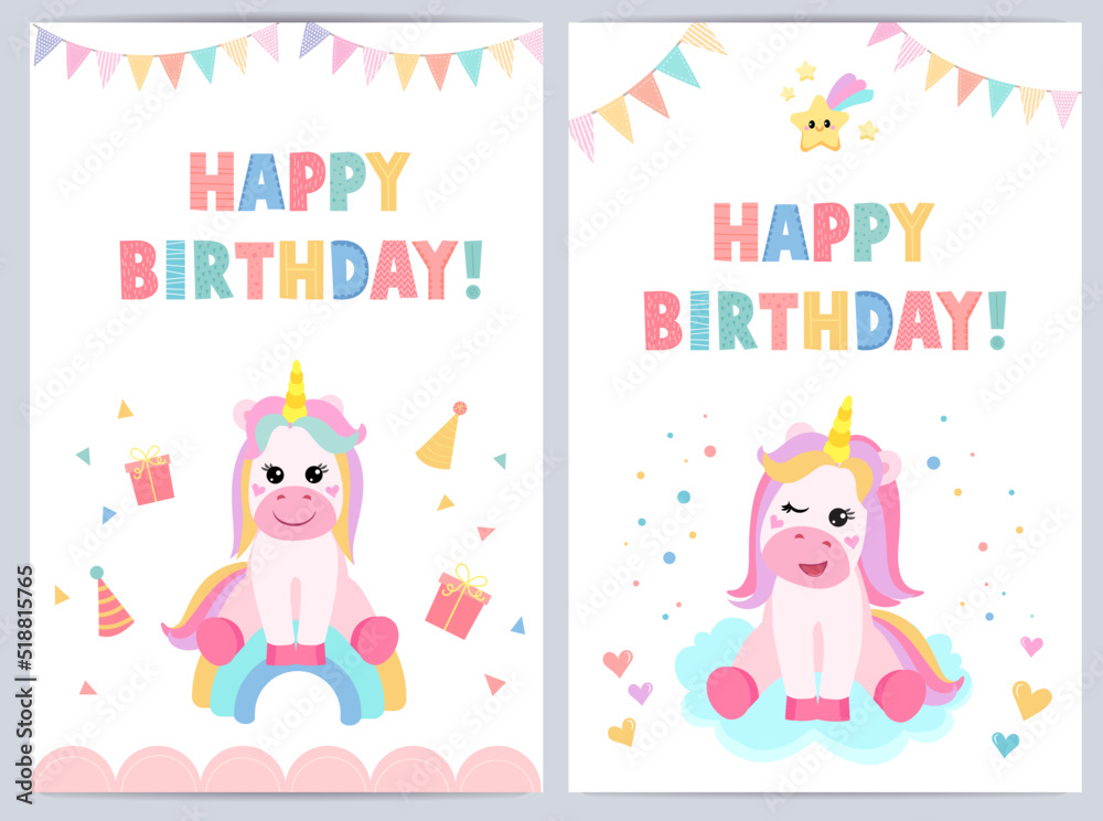 Cute birthday cards for kids with funny unicorn. vector illustration Cute birthday cards for kids with funny unicorn. vector illustration