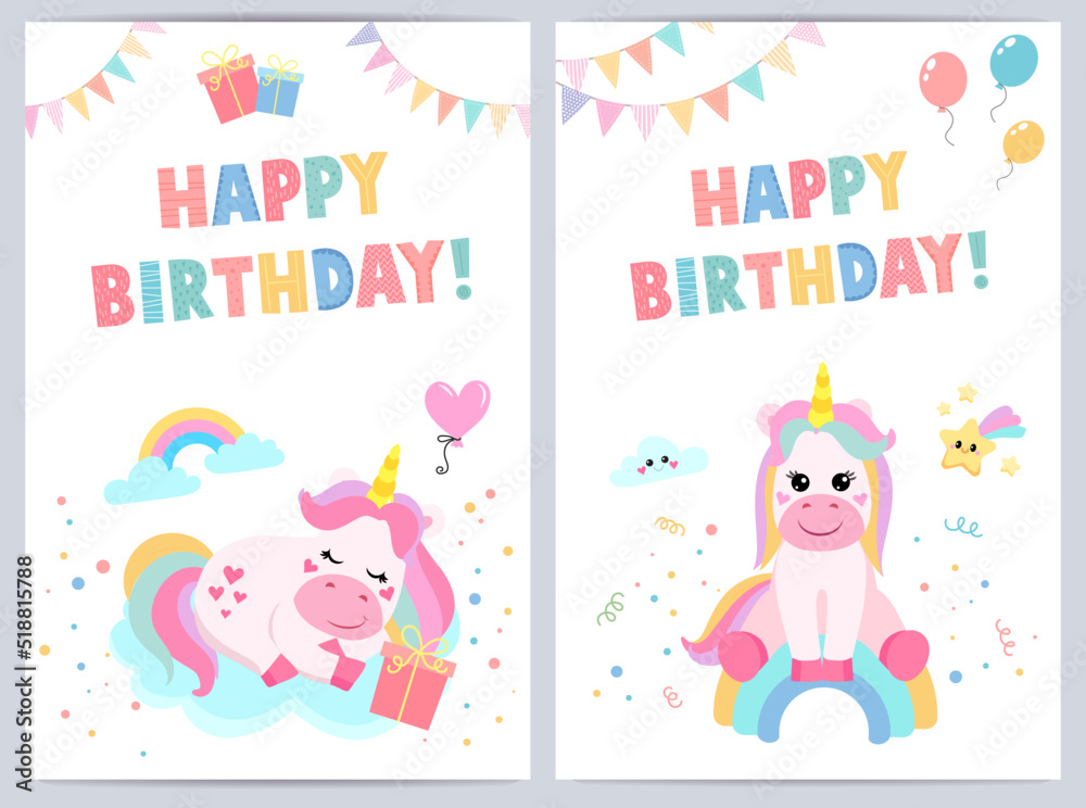 Cute birthday cards for kids with funny unicorn. vector illustration Cute birthday cards for kids with funny unicorn. vector illustration