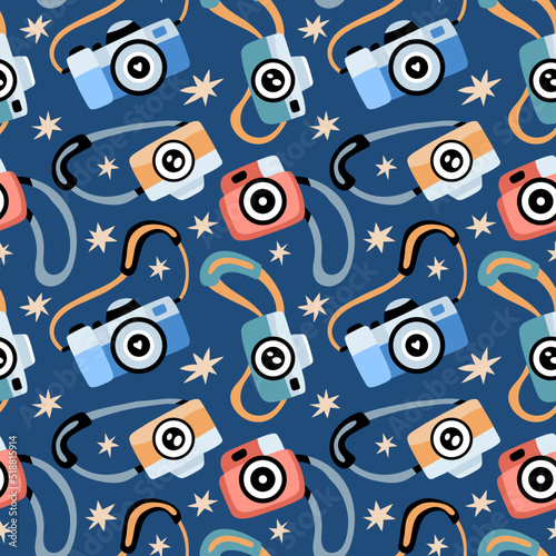 Seamless pattern with various photo cameras and stars