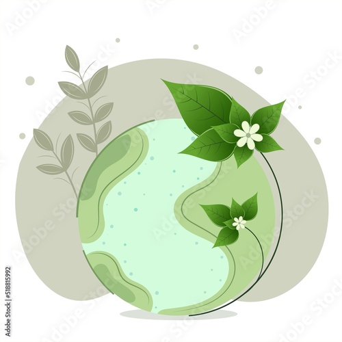 Sustainable friendly esg. Eco Friendly Label. Green earth with with green leaves and white flowers on a green background.